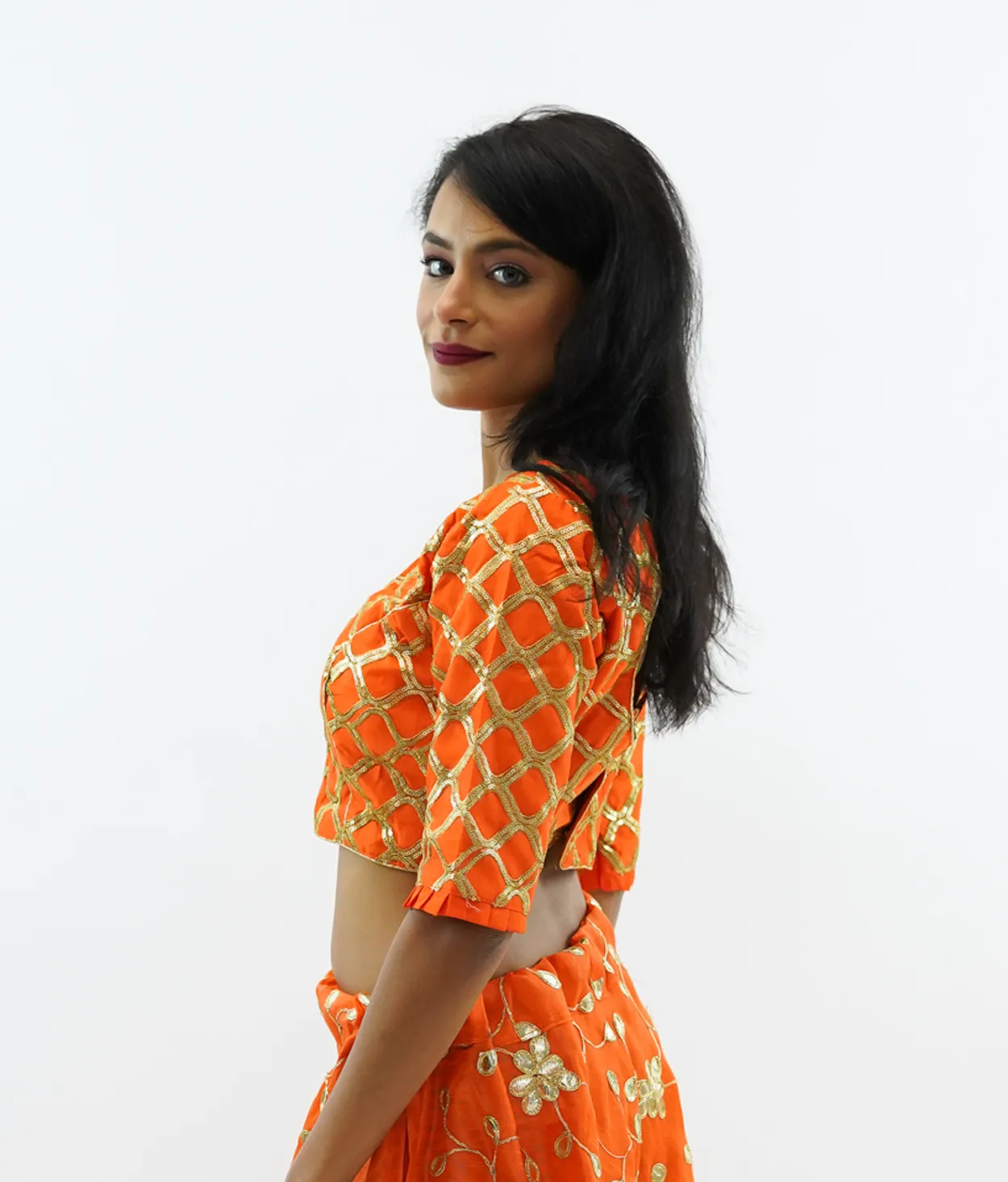 Formal Embroidered Silk Salamander Orange Crop Top with Three Quarter Sleeves