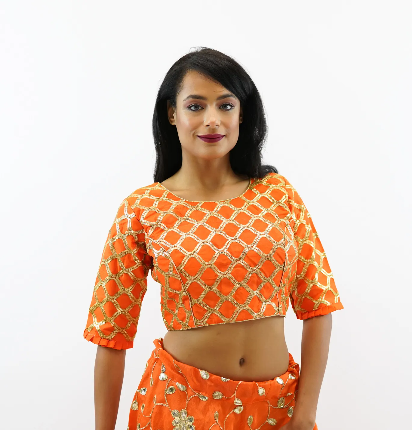 Formal Embroidered Silk Salamander Orange Crop Top with Three Quarter Sleeves