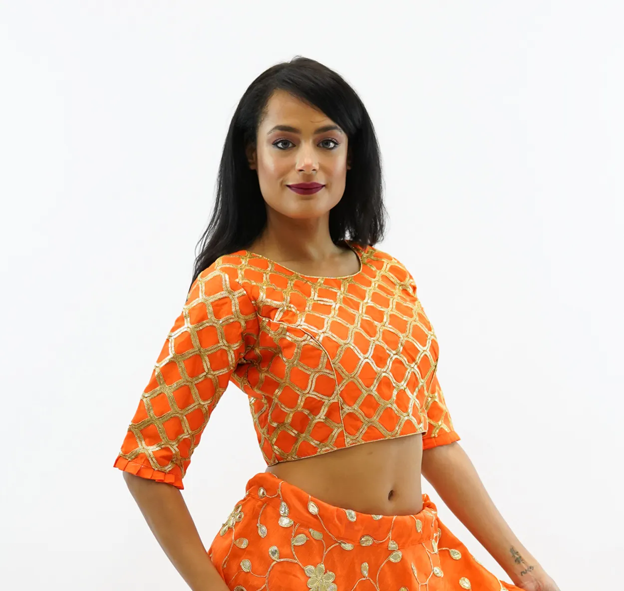 Formal Embroidered Silk Salamander Orange Crop Top with Three Quarter Sleeves