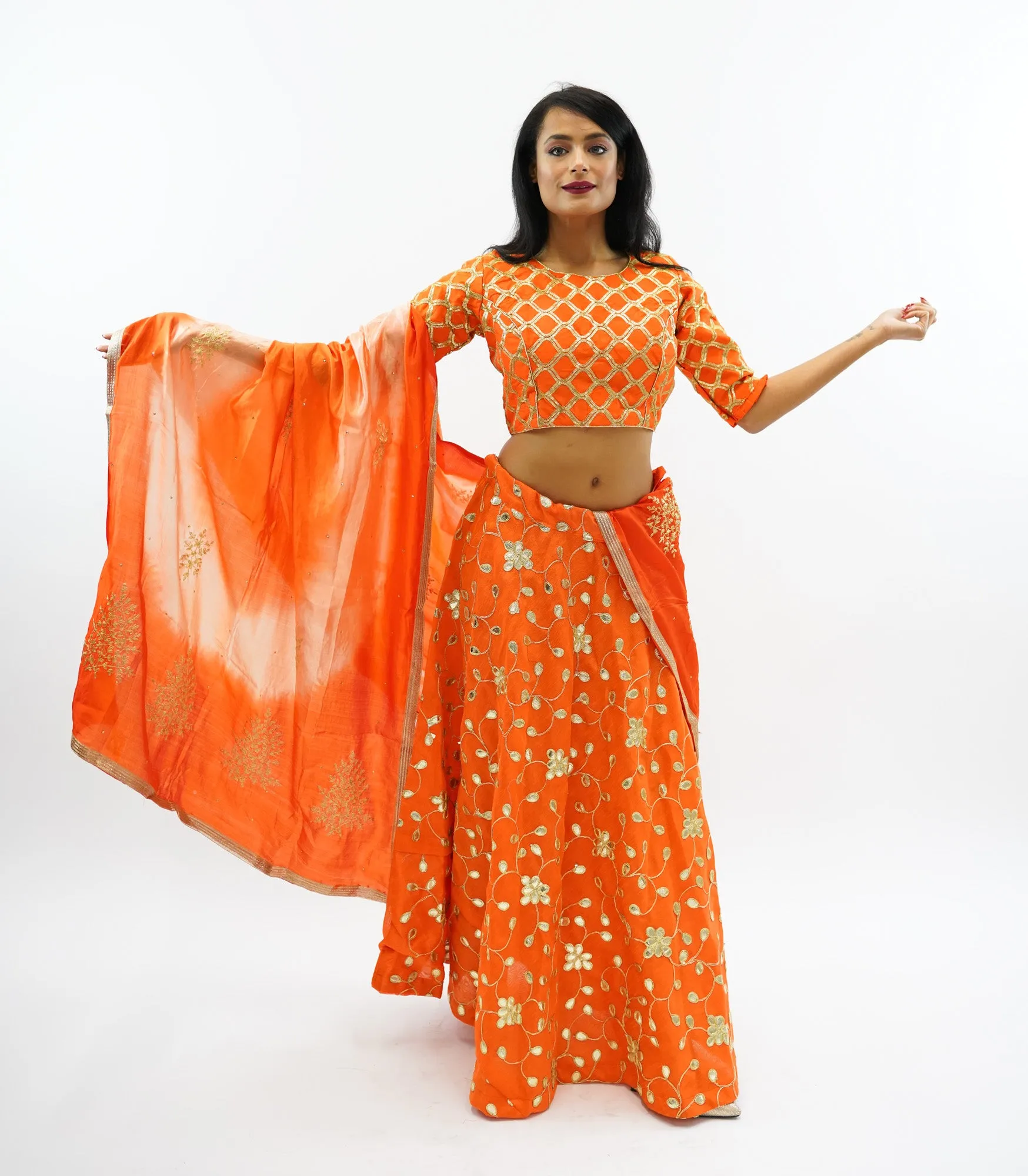 Formal Embroidered Silk Salamander Orange Crop Top with Three Quarter Sleeves