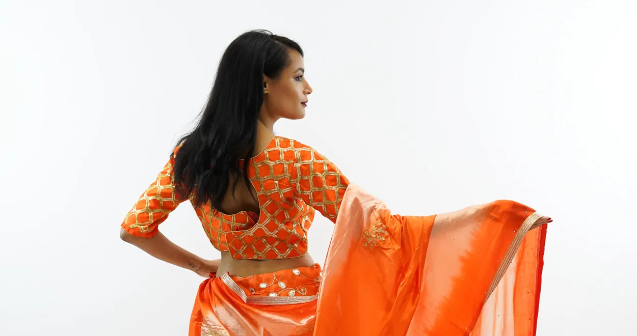 Formal Embroidered Silk Salamander Orange Crop Top with Three Quarter Sleeves