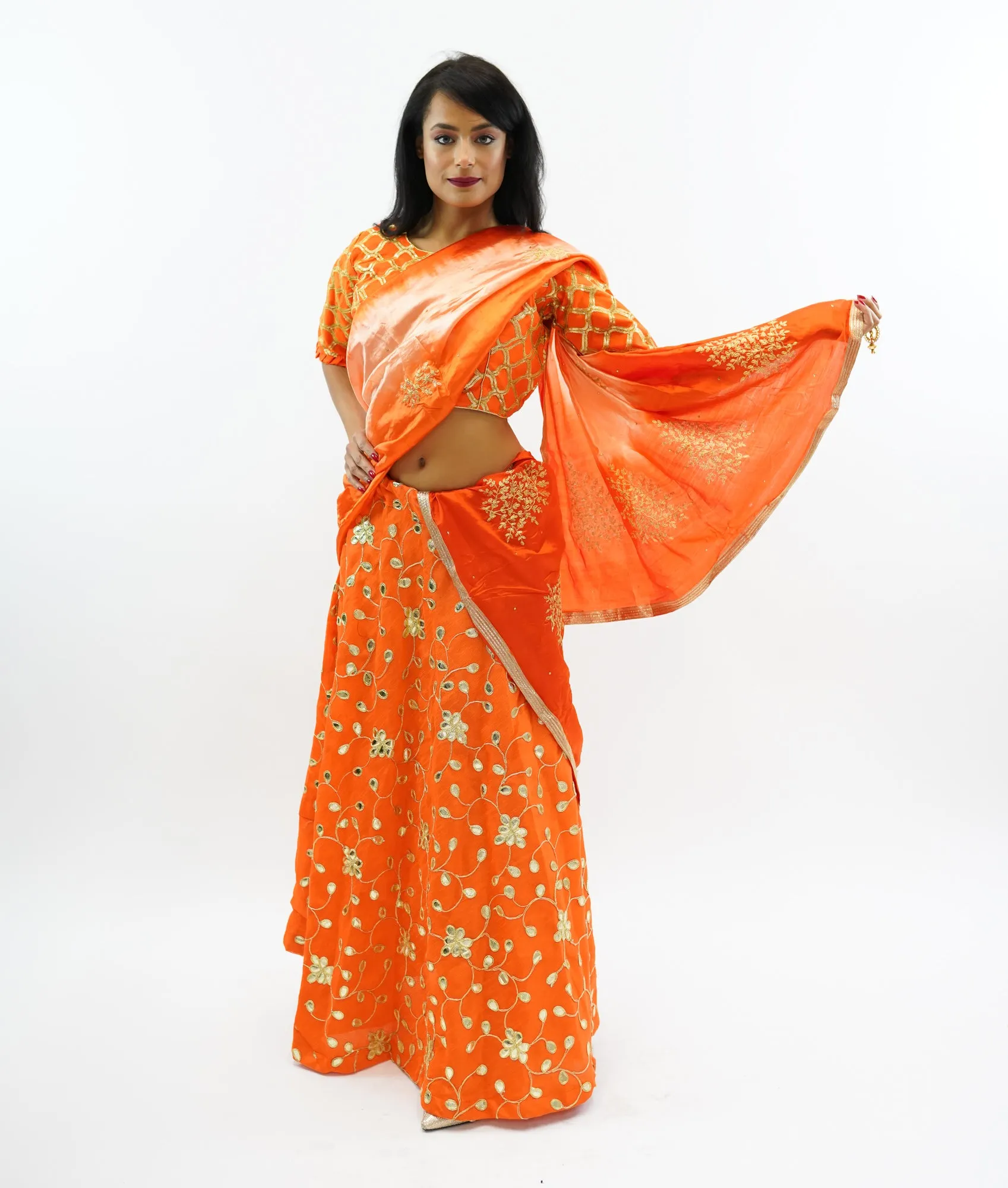 Formal Embroidered Silk Salamander Orange Crop Top with Three Quarter Sleeves
