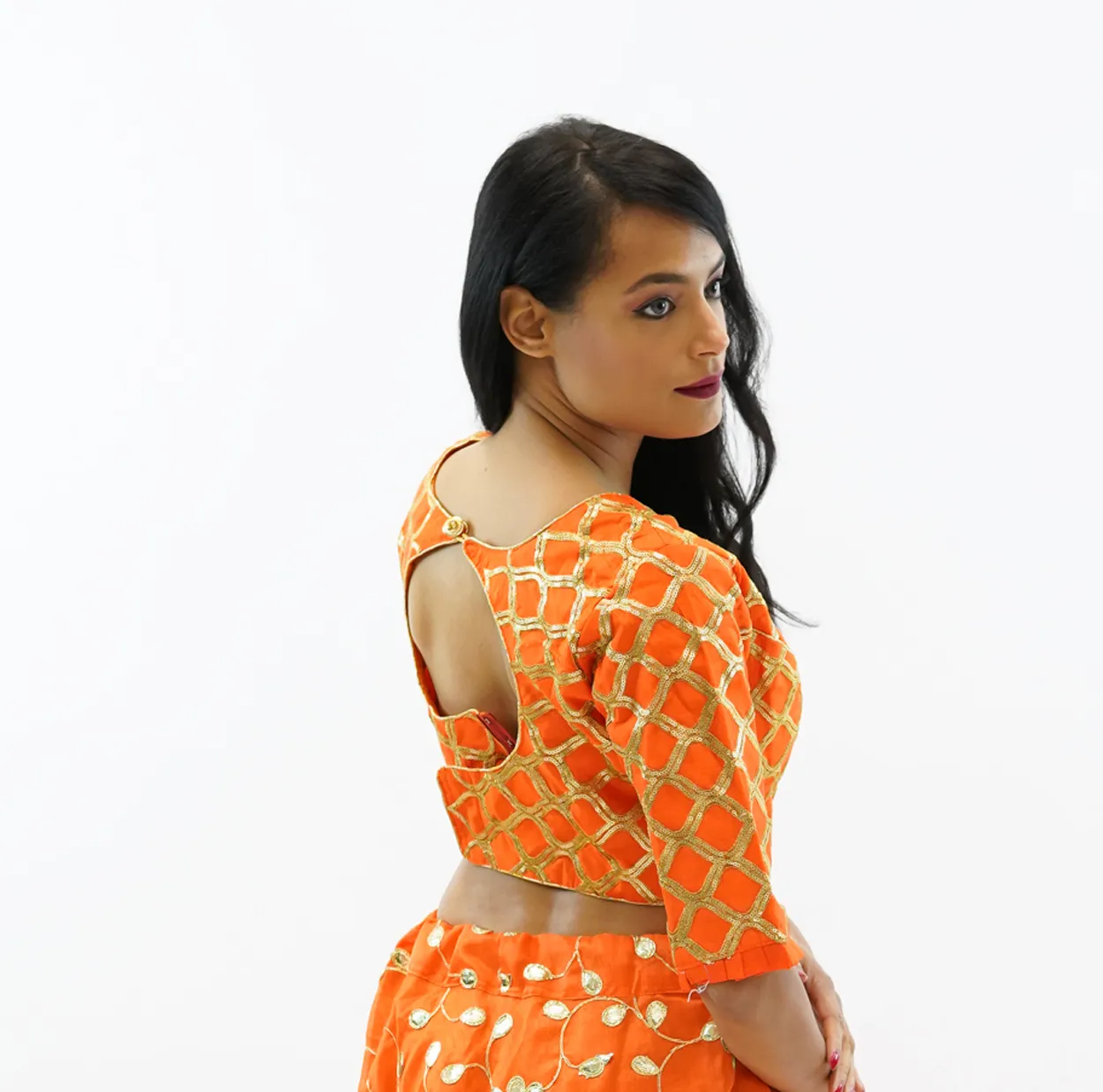 Formal Embroidered Silk Salamander Orange Crop Top with Three Quarter Sleeves