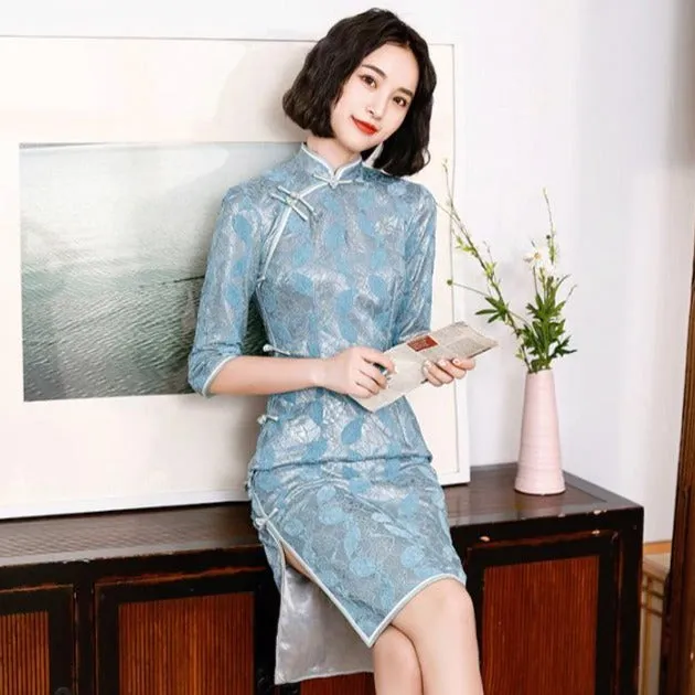 Half Sleeve Modern Cheongsam Knee Length Floral Lace Chinese Dress
