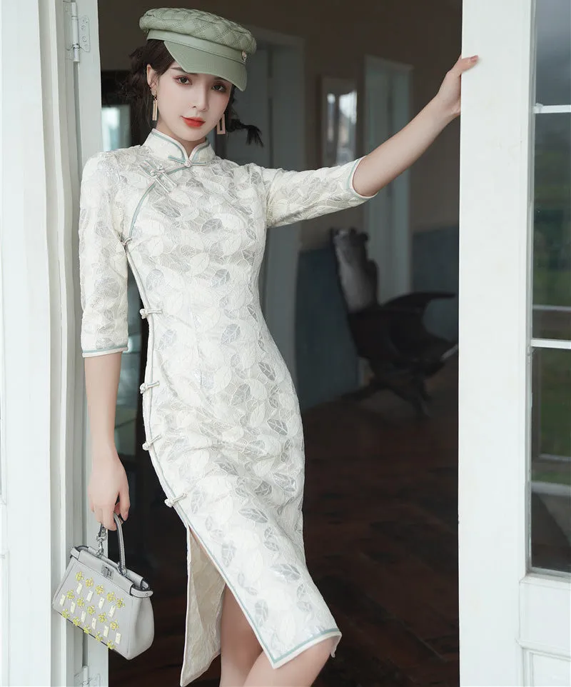 Half Sleeve Modern Cheongsam Knee Length Floral Lace Chinese Dress