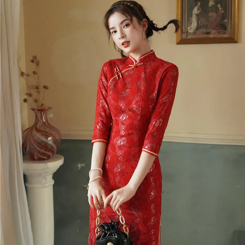 Half Sleeve Modern Cheongsam Knee Length Floral Lace Chinese Dress