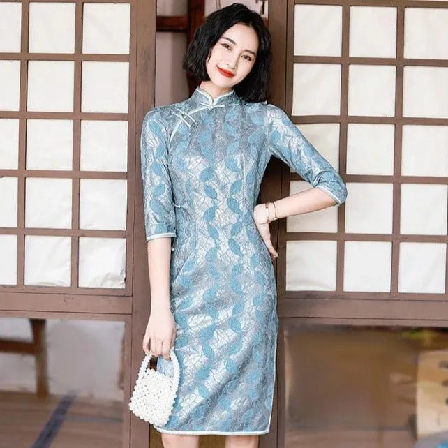 Half Sleeve Modern Cheongsam Knee Length Floral Lace Chinese Dress