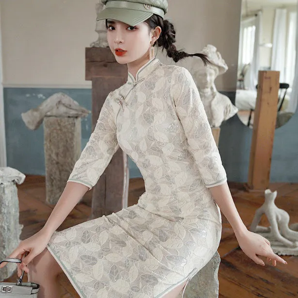 Half Sleeve Modern Cheongsam Knee Length Floral Lace Chinese Dress