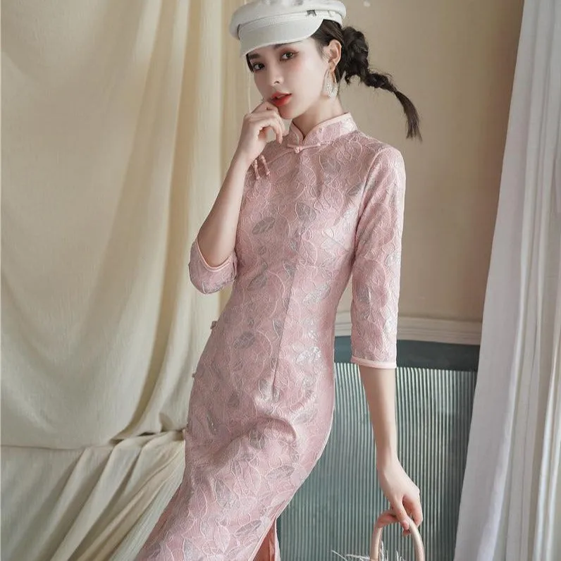 Half Sleeve Modern Cheongsam Knee Length Floral Lace Chinese Dress