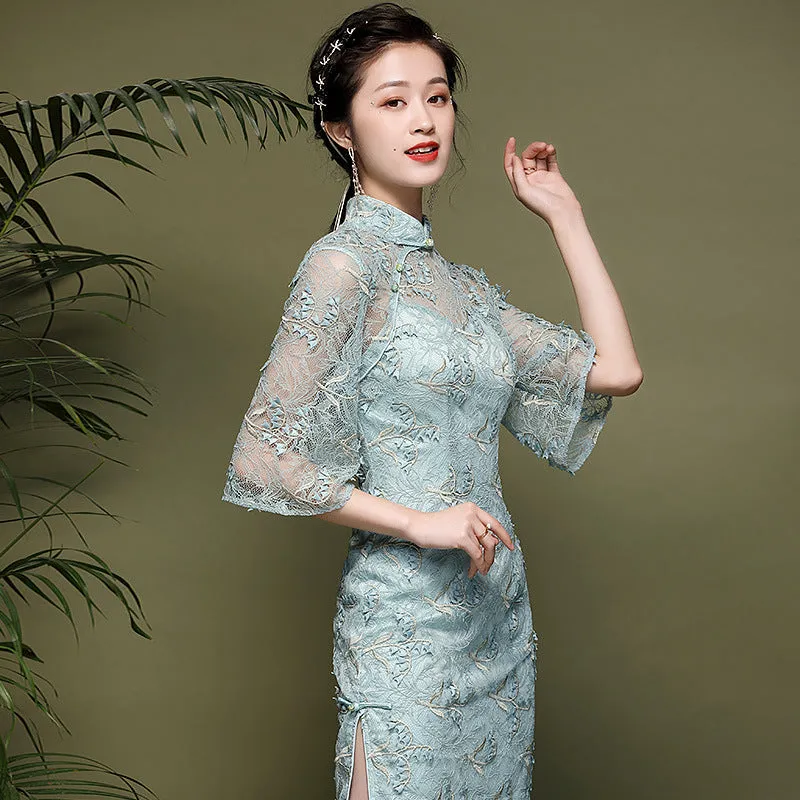 Illusion Neck & Sleeve Modern Cheongsam Chinese Style Pencil Dress