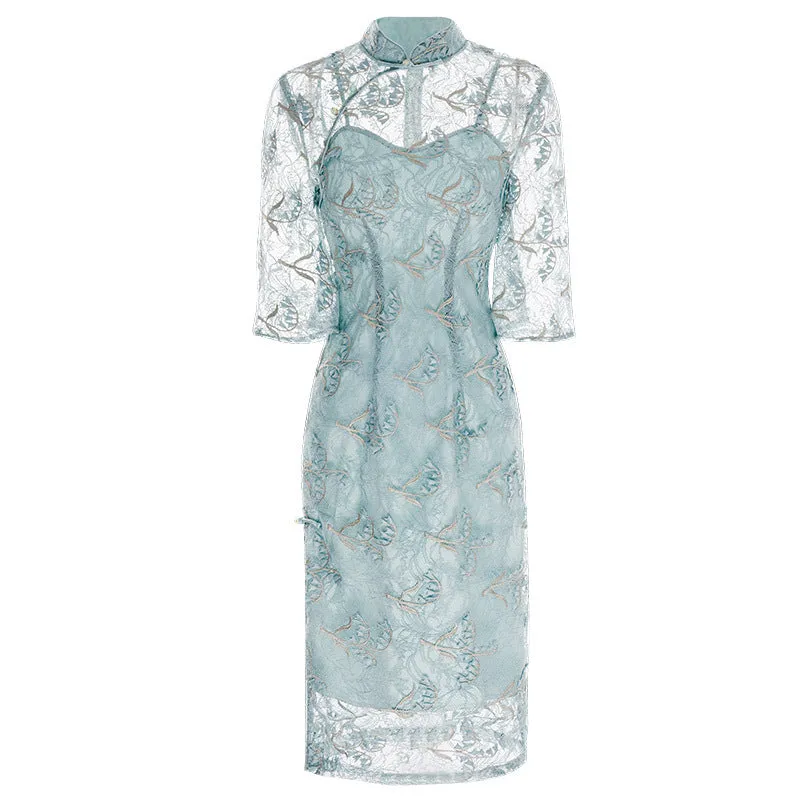 Illusion Neck & Sleeve Modern Cheongsam Chinese Style Pencil Dress