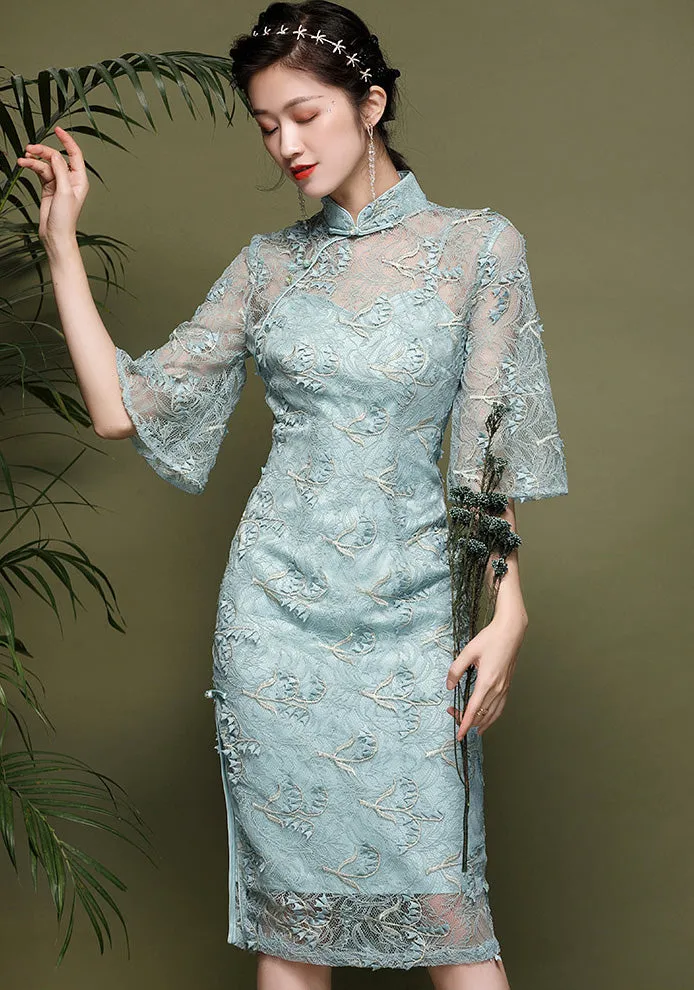 Illusion Neck & Sleeve Modern Cheongsam Chinese Style Pencil Dress