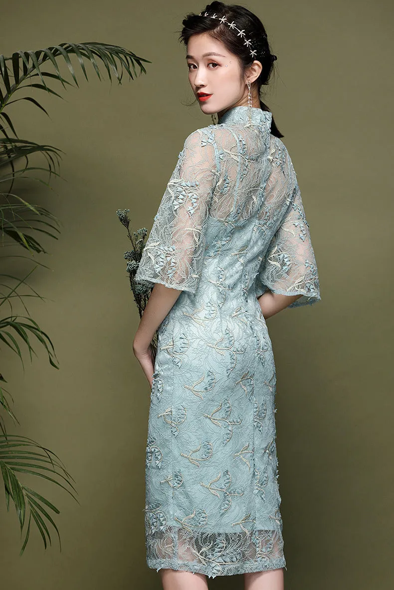 Illusion Neck & Sleeve Modern Cheongsam Chinese Style Pencil Dress