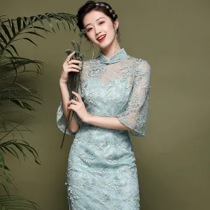 Illusion Neck & Sleeve Modern Cheongsam Chinese Style Pencil Dress