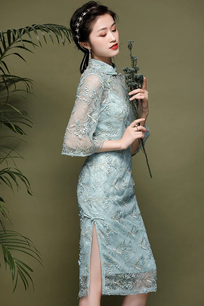 Illusion Neck & Sleeve Modern Cheongsam Chinese Style Pencil Dress