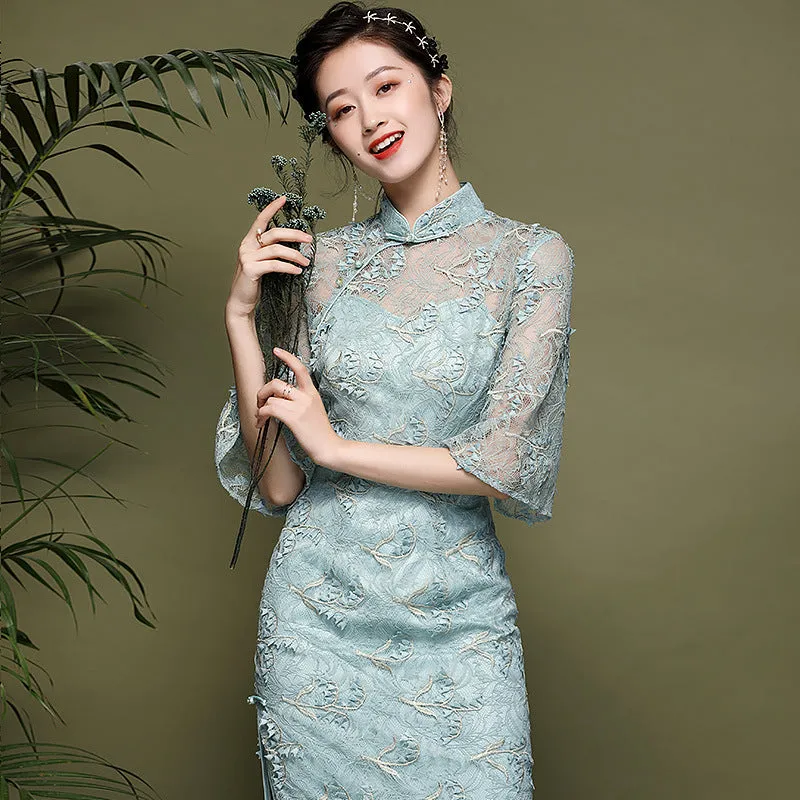 Illusion Neck & Sleeve Modern Cheongsam Chinese Style Pencil Dress