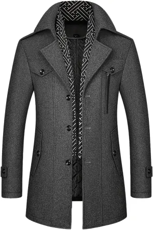 INVACHI Men's Wool Blend Coat Warm Winter Trench Coat with Detachable Soft Scarf Single Breasted Pea Coat