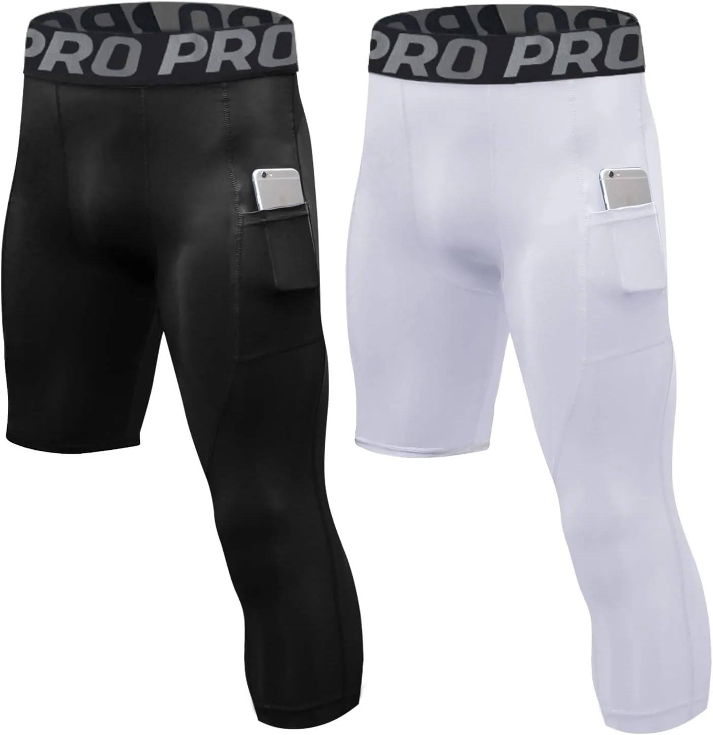 LANBAOSI 2 Pack 3/4 One Leg Compression Tights for Basketball Leg Sleeve Capri Athletic Base Layer Underwear for Gym Running
