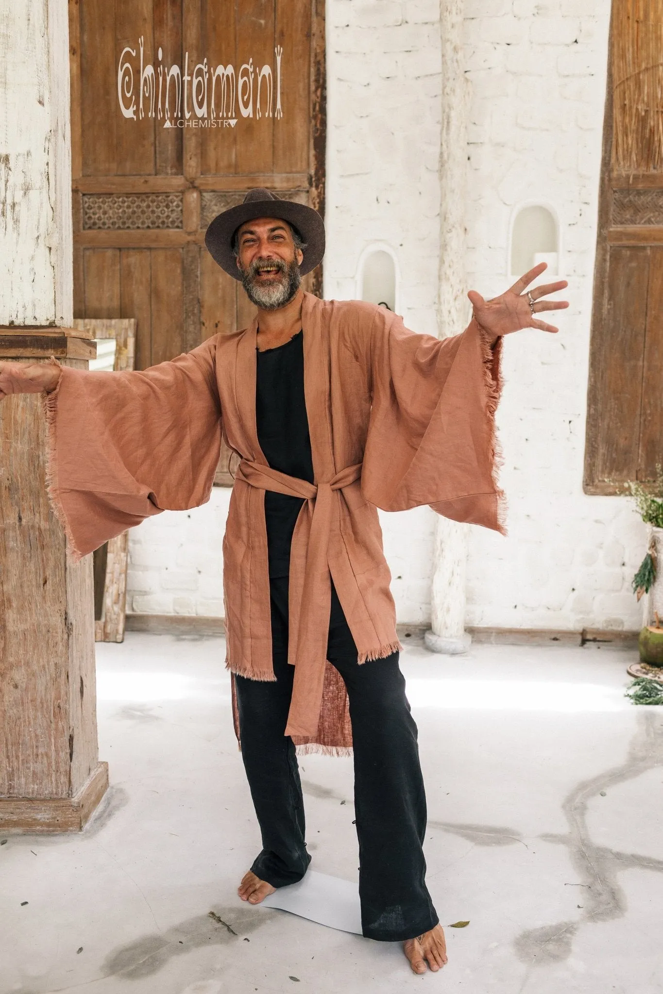 Long Linen Japanese Kimono Robe / Cardigan for Men / Dusty Pink