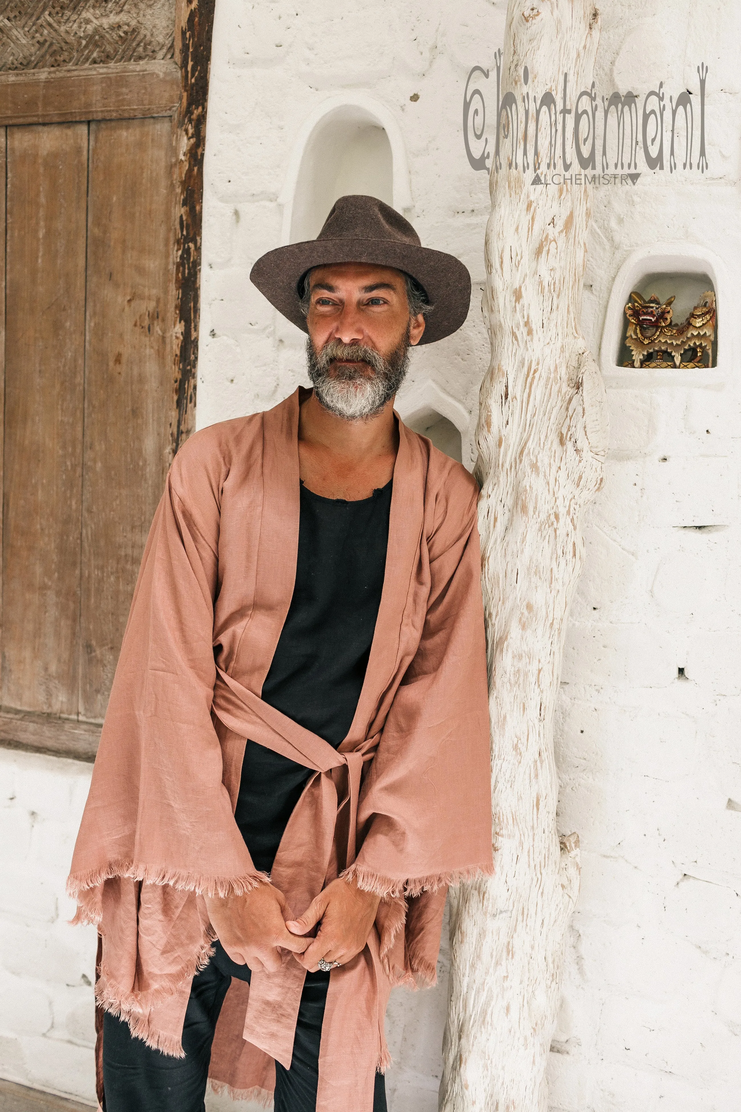 Long Linen Japanese Kimono Robe / Cardigan for Men / Dusty Pink
