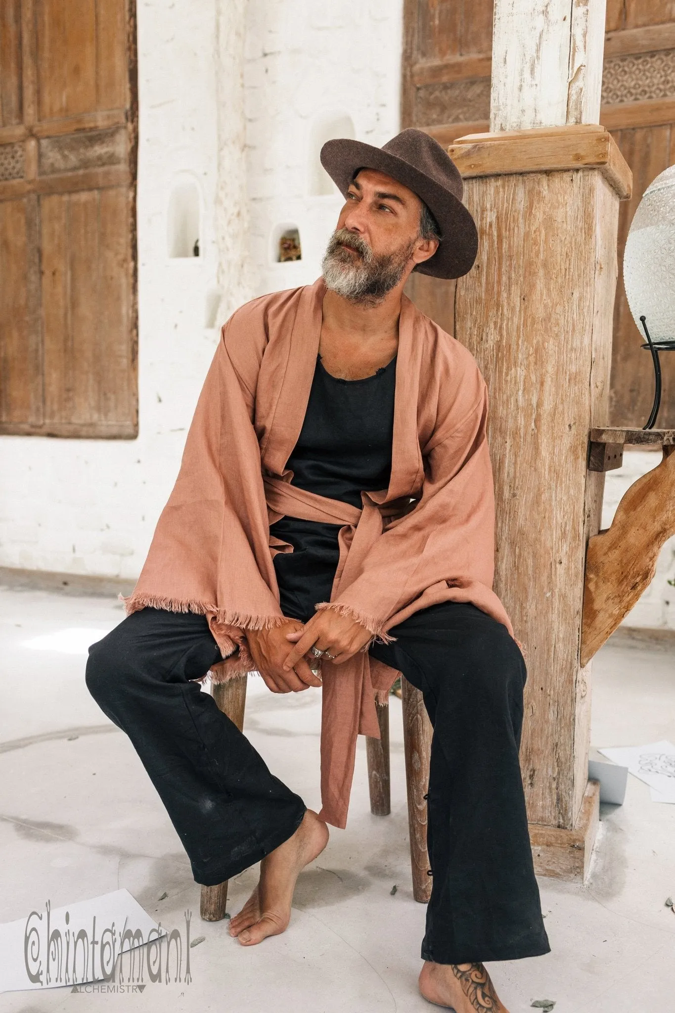 Long Linen Japanese Kimono Robe / Cardigan for Men / Dusty Pink