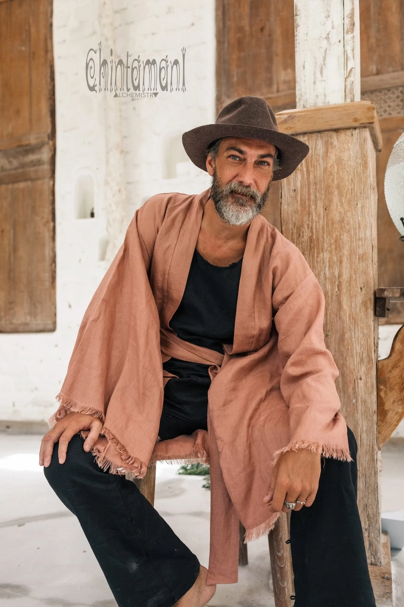 Long Linen Japanese Kimono Robe / Cardigan for Men / Dusty Pink