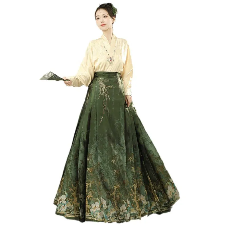 Luozhu [Bamboo Shadow] Ming Dynasty women's Hanfu woven gold makeup horse face skirt flat sleeve suit improved Hanfu
