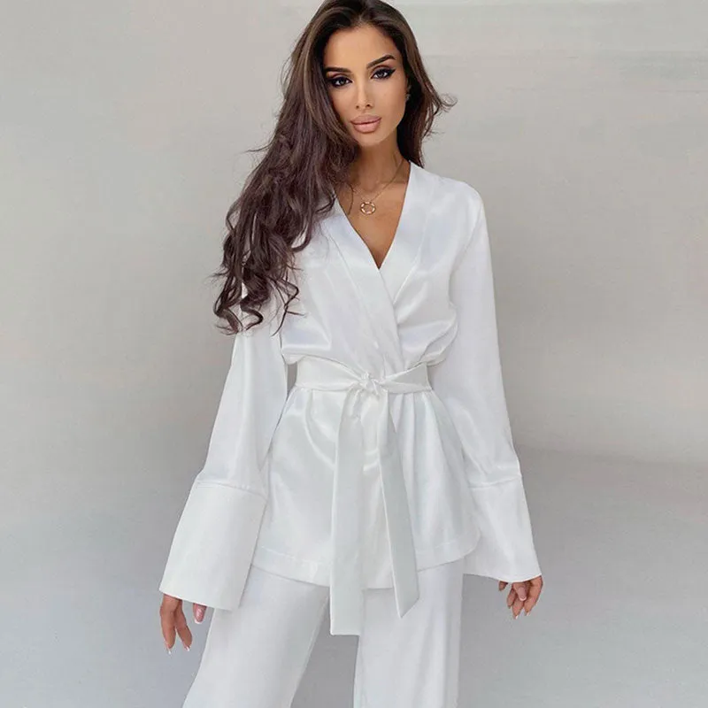 Lustrous Long Sleeve V Neck Belted Wrap Robe Wide Leg Satin Lounge Set