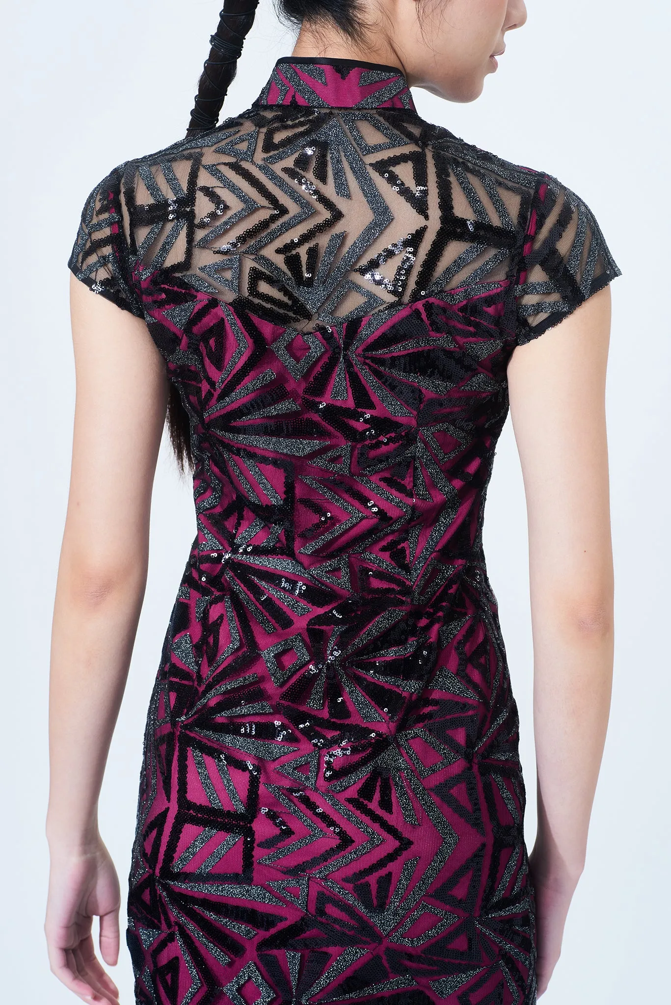 MARTHA Geometric Sequins Long Cheongsam (Black/ Fuchsia)