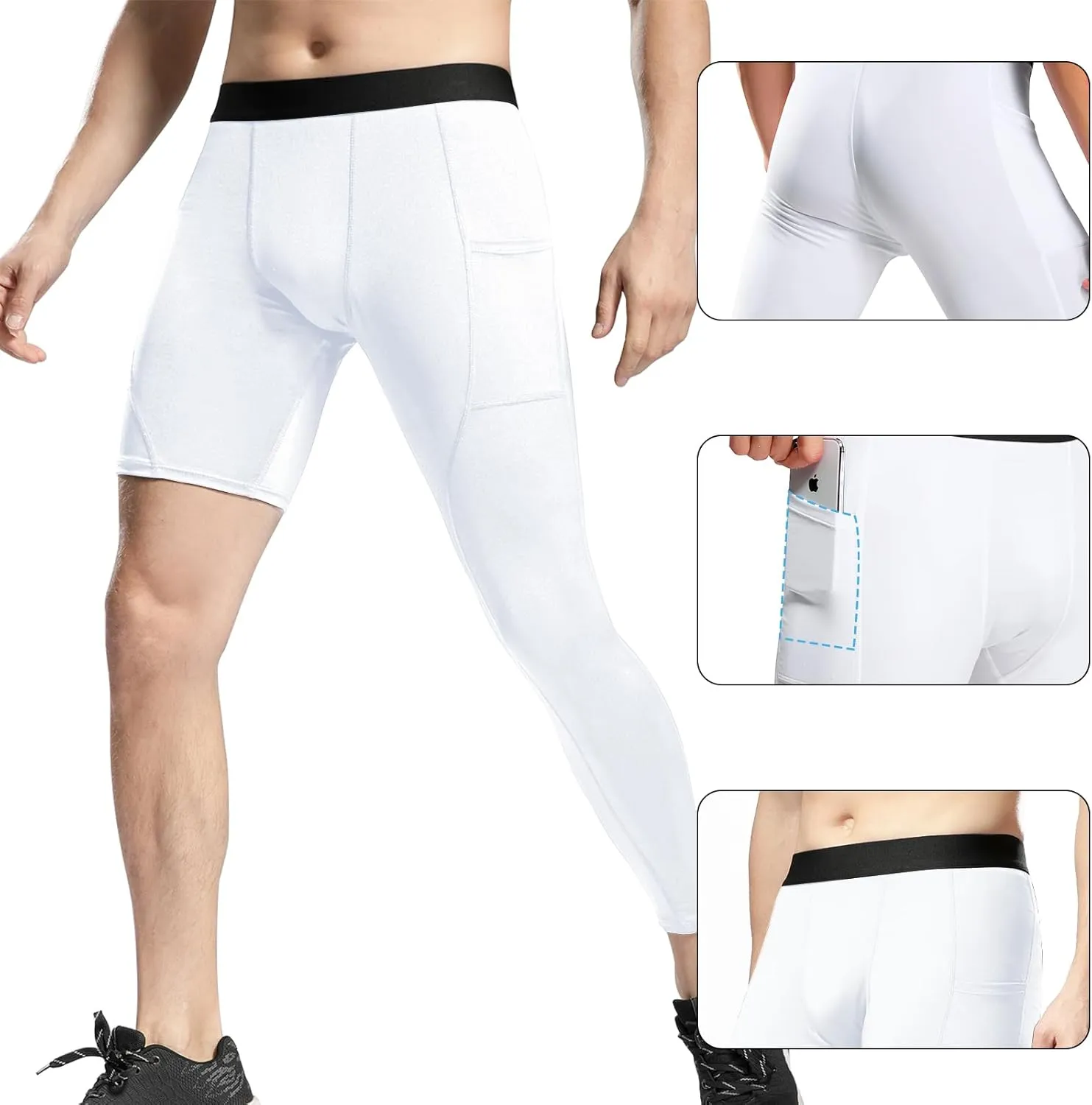 Mens One Leg Compression Pants Full Length Tight Basketball 1/2 Single Leg Long Pant Base Layer Leggings Underwear