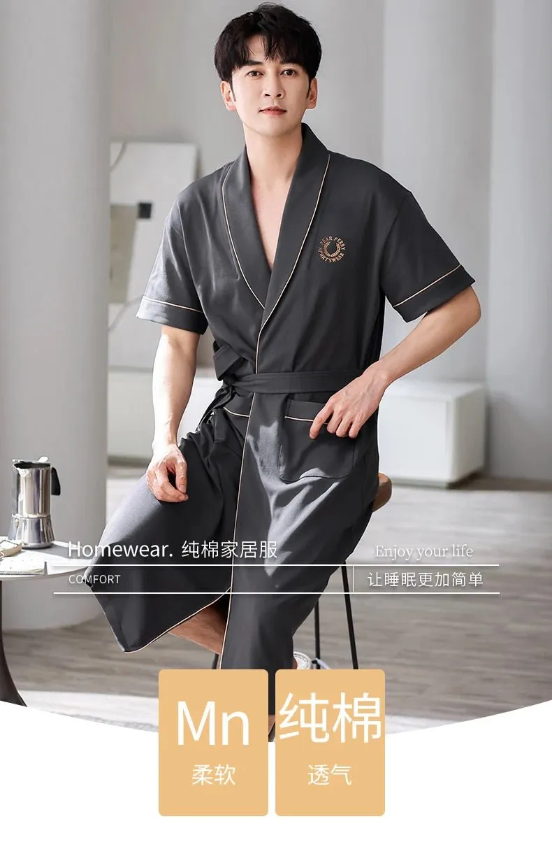 Men's Soft Cotton Bathrobe Dark Grey Half Sleeve Solid Robe Big Size 4XL