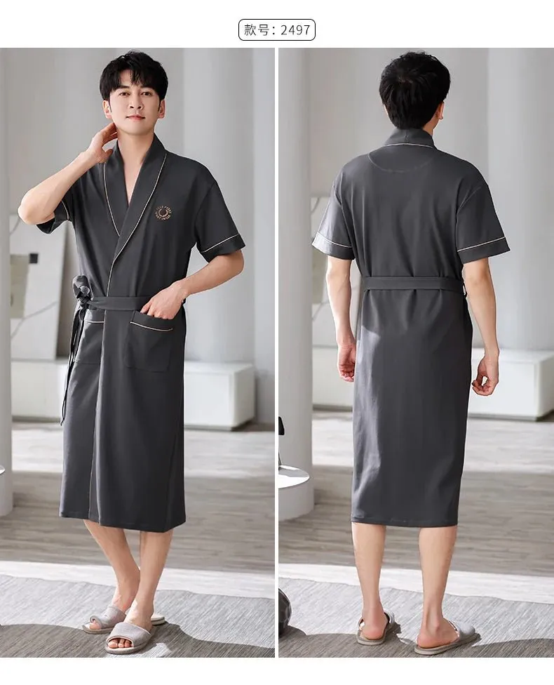 Men's Soft Cotton Bathrobe Dark Grey Half Sleeve Solid Robe Big Size 4XL