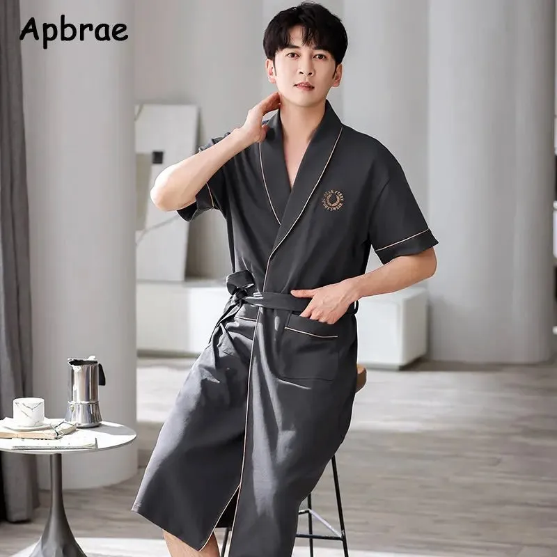 Men's Soft Cotton Bathrobe Dark Grey Half Sleeve Solid Robe Big Size 4XL