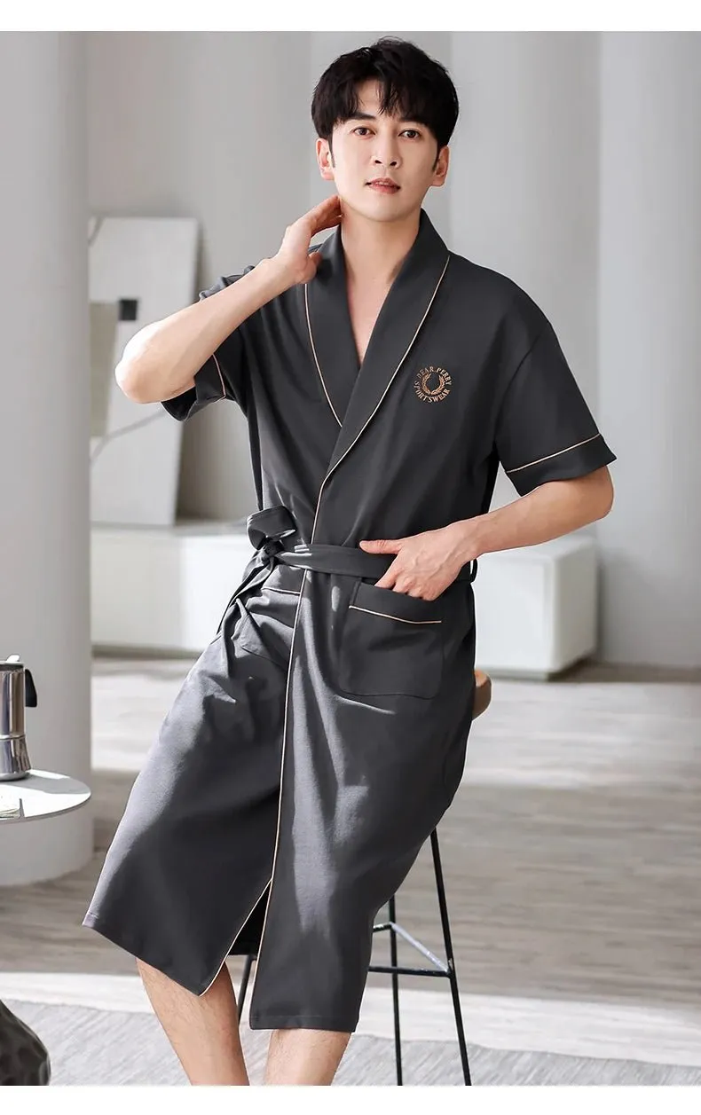 Men's Soft Cotton Bathrobe Dark Grey Half Sleeve Solid Robe Big Size 4XL