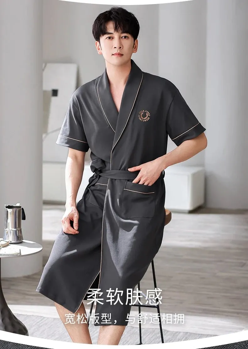 Men's Soft Cotton Bathrobe Dark Grey Half Sleeve Solid Robe Big Size 4XL