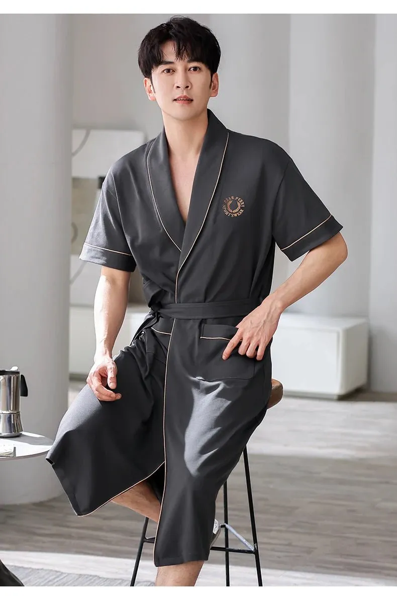 Men's Soft Cotton Bathrobe Dark Grey Half Sleeve Solid Robe Big Size 4XL