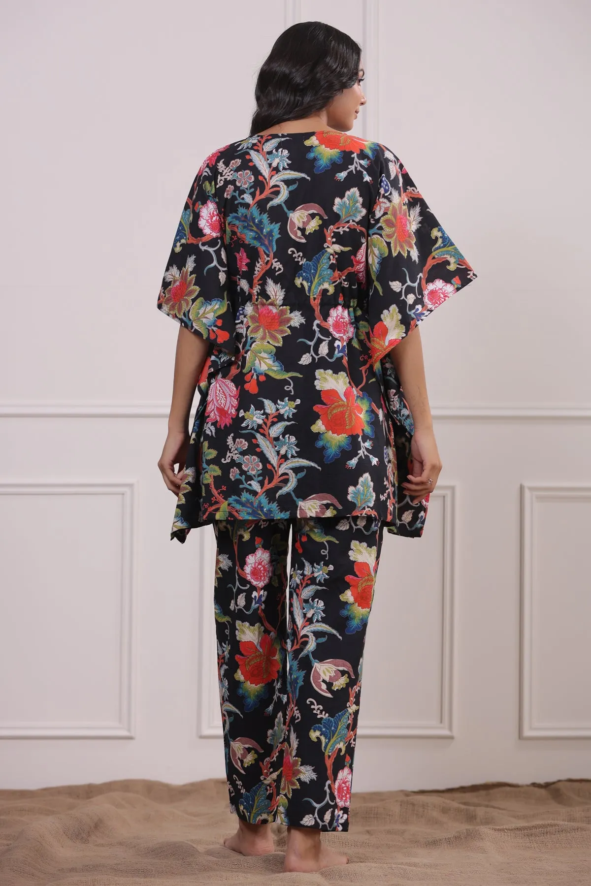 Multicoloured Jaal on Black Kaftan Pyjama Set