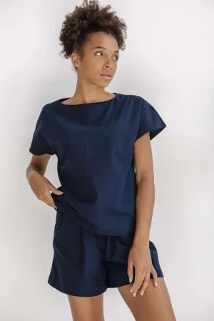 Organic Pajama In Navy, High Waist Shorts With Ribbon, Loose Pajama Set, Home Clothes For Her, Natural Cotton Pajama Set, Beach Women Clothe