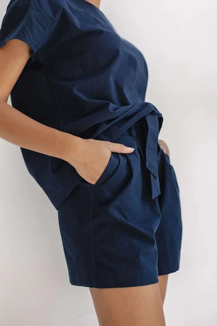 Organic Pajama In Navy, High Waist Shorts With Ribbon, Loose Pajama Set, Home Clothes For Her, Natural Cotton Pajama Set, Beach Women Clothe