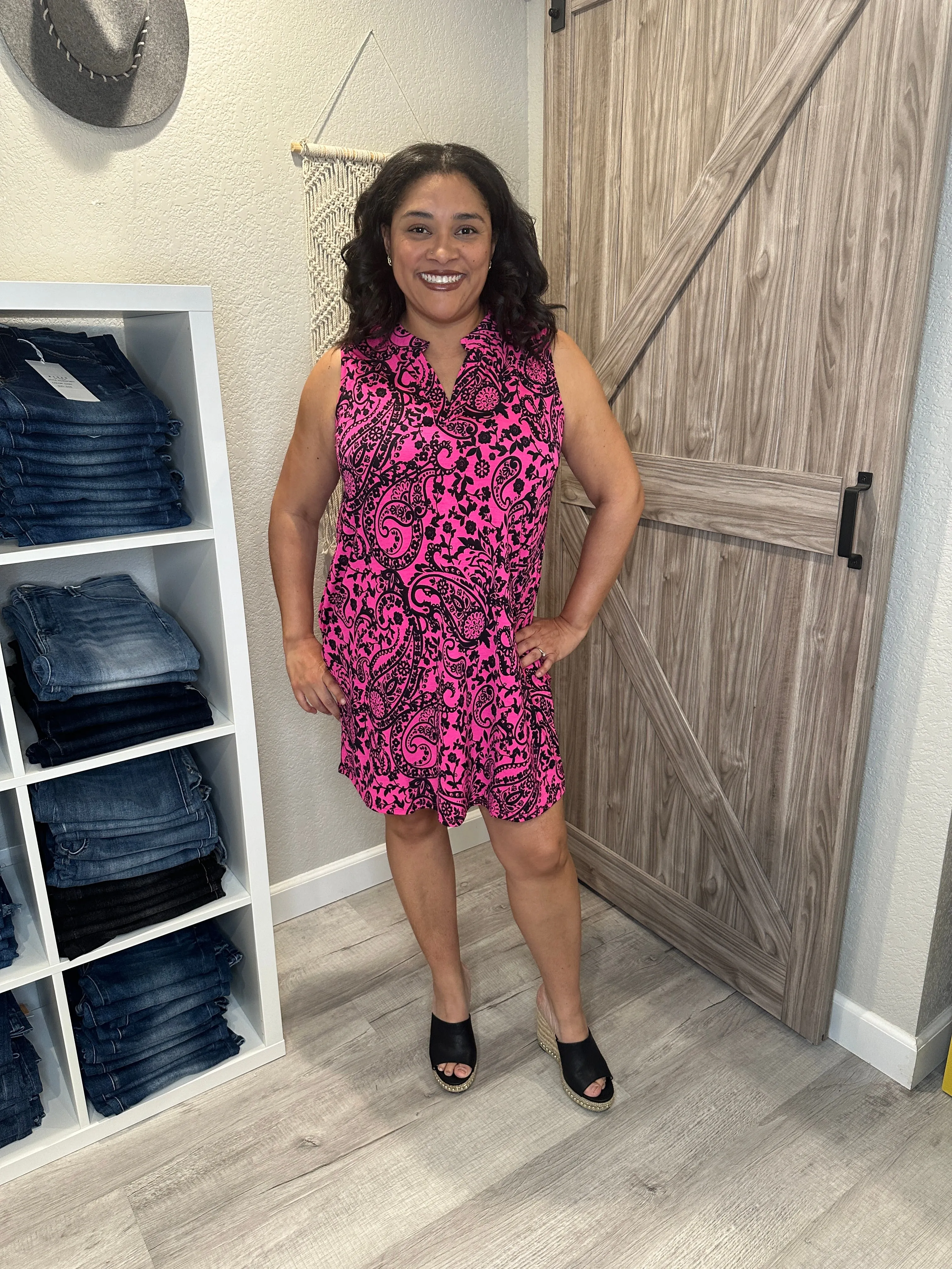 Paisley Hot Pink & Black Split Neck Sleeveless Lizzy Dress