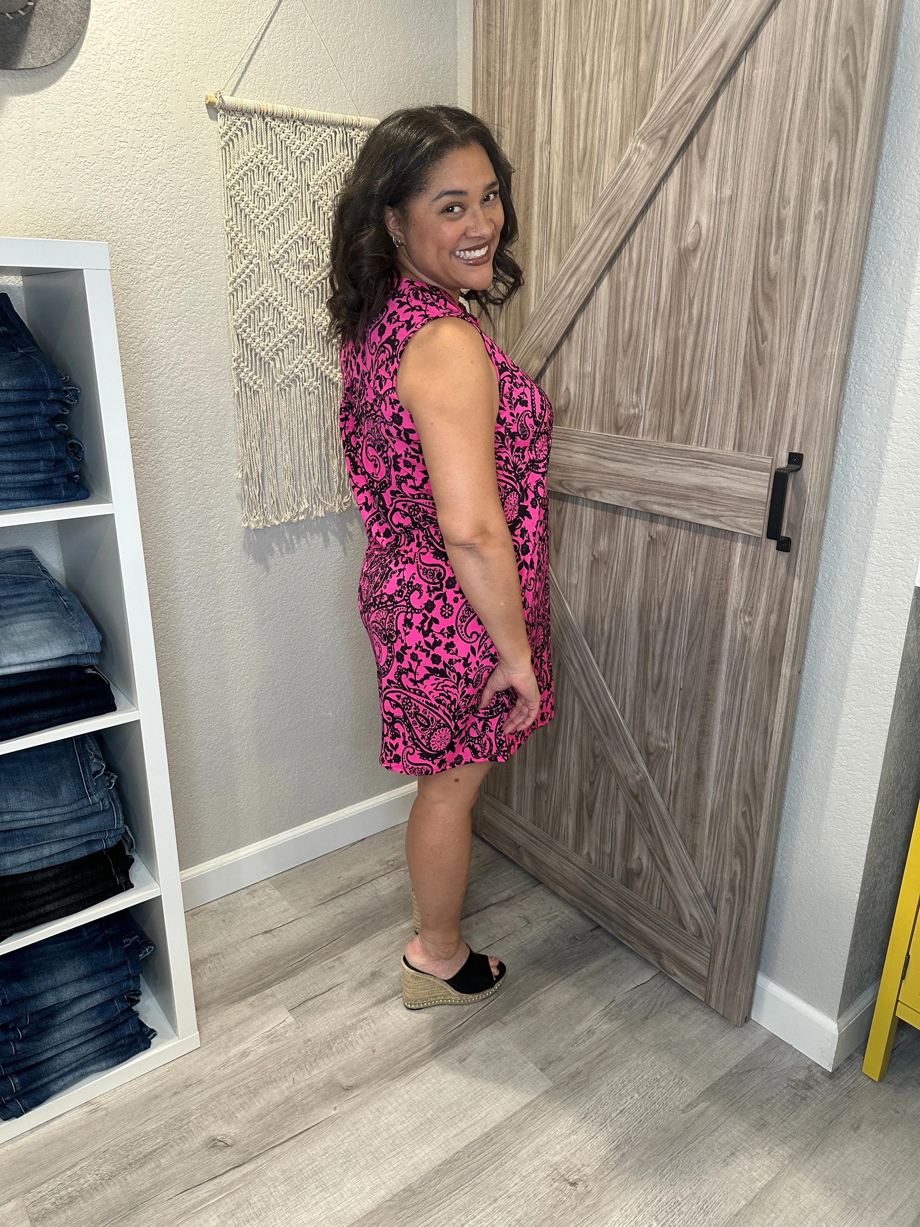 Paisley Hot Pink & Black Split Neck Sleeveless Lizzy Dress