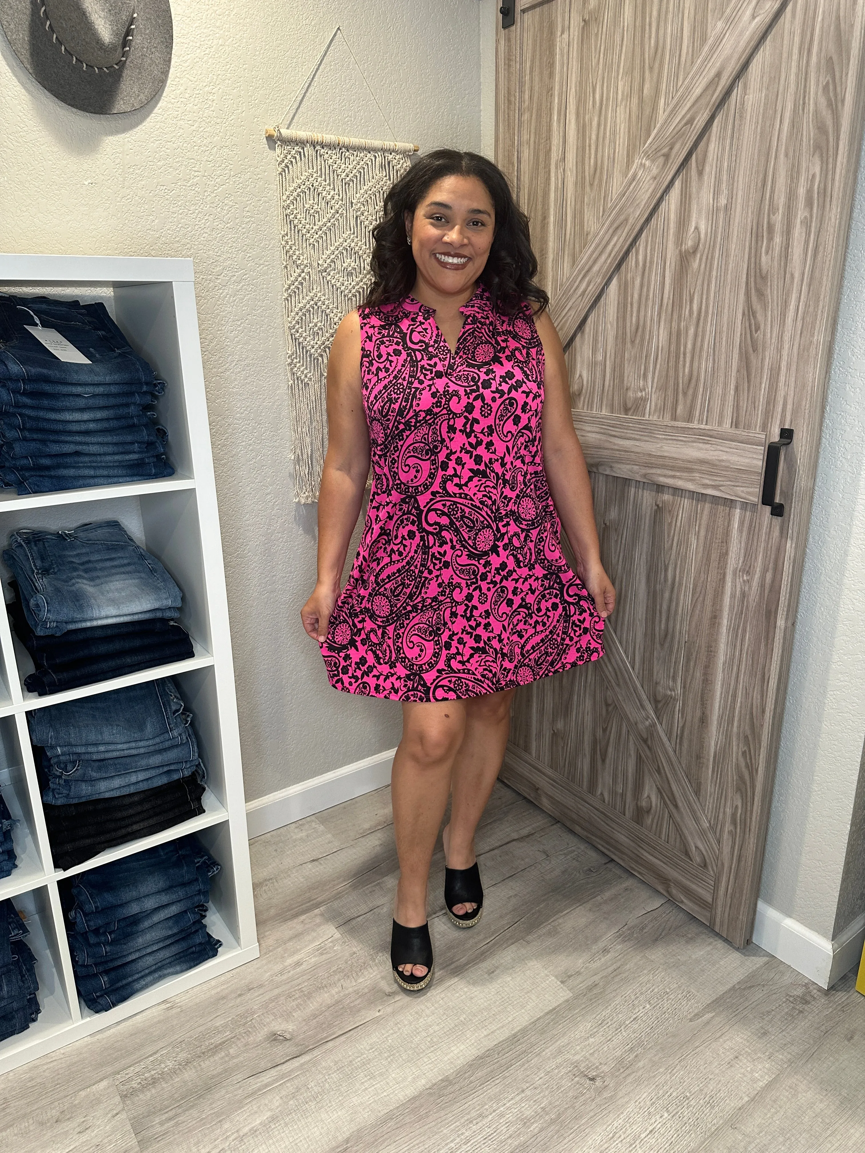 Paisley Hot Pink & Black Split Neck Sleeveless Lizzy Dress