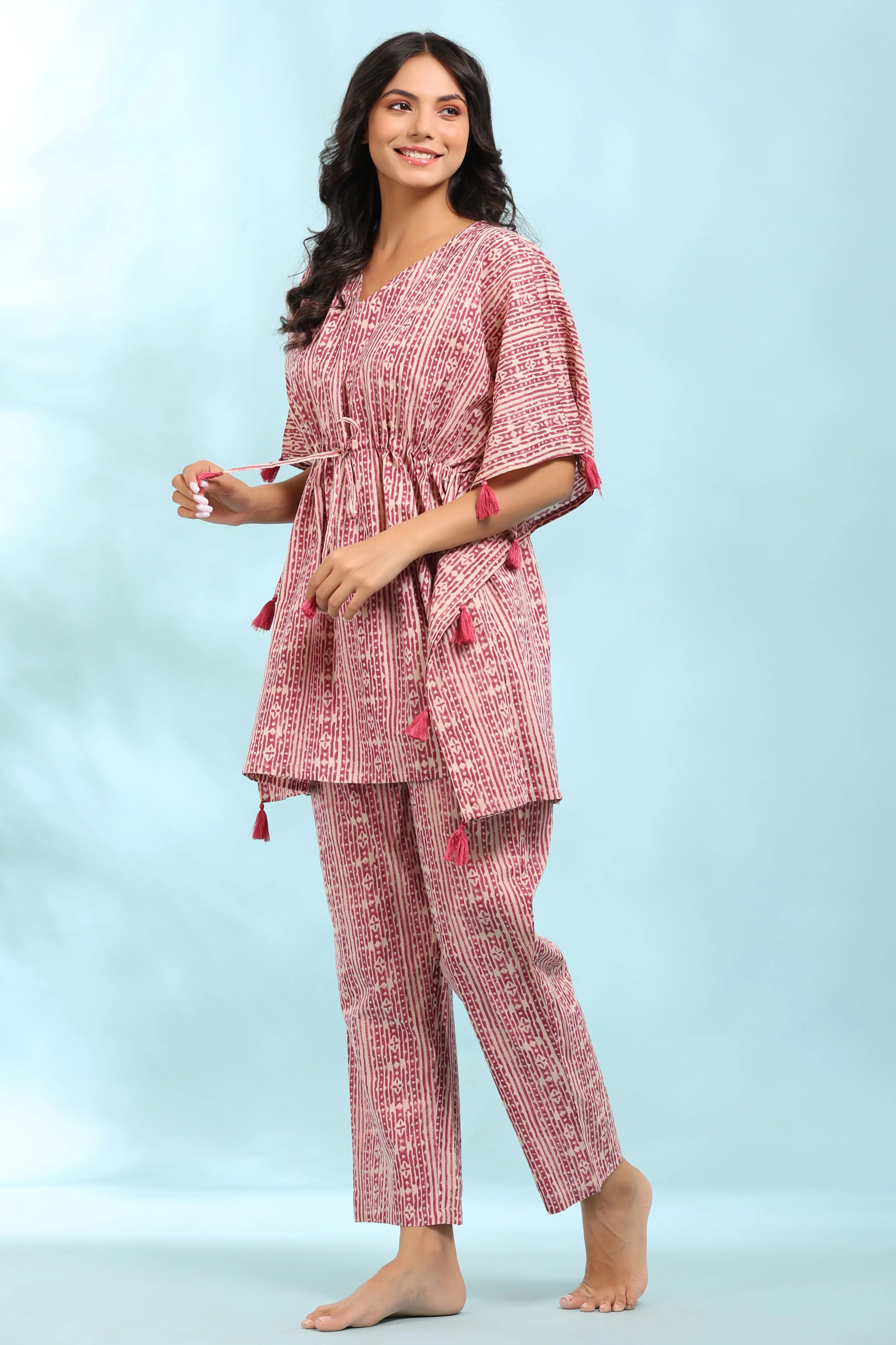 Patterned Stripes on Pink Kaftan Pyjama Set