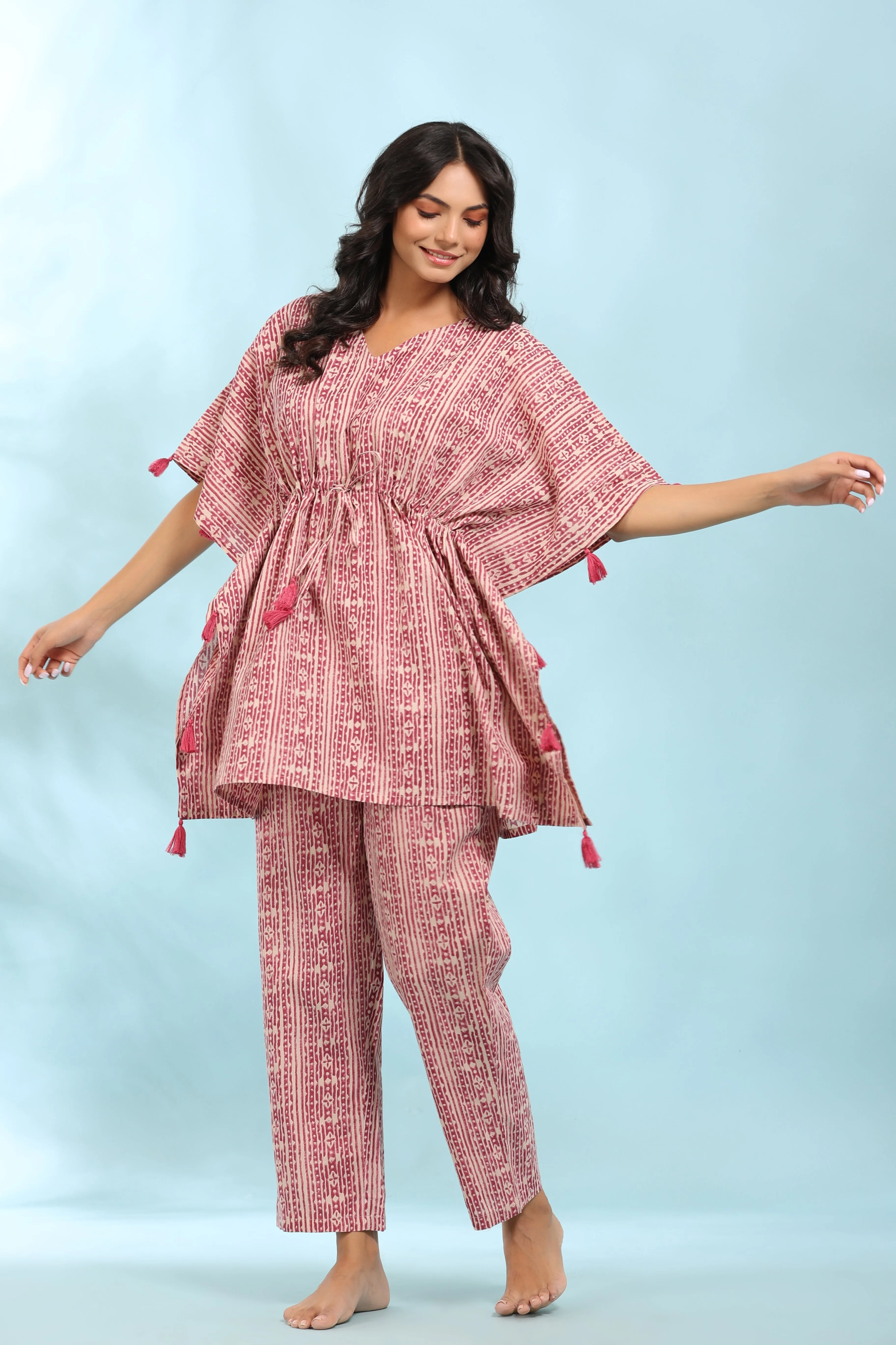 Patterned Stripes on Pink Kaftan Pyjama Set