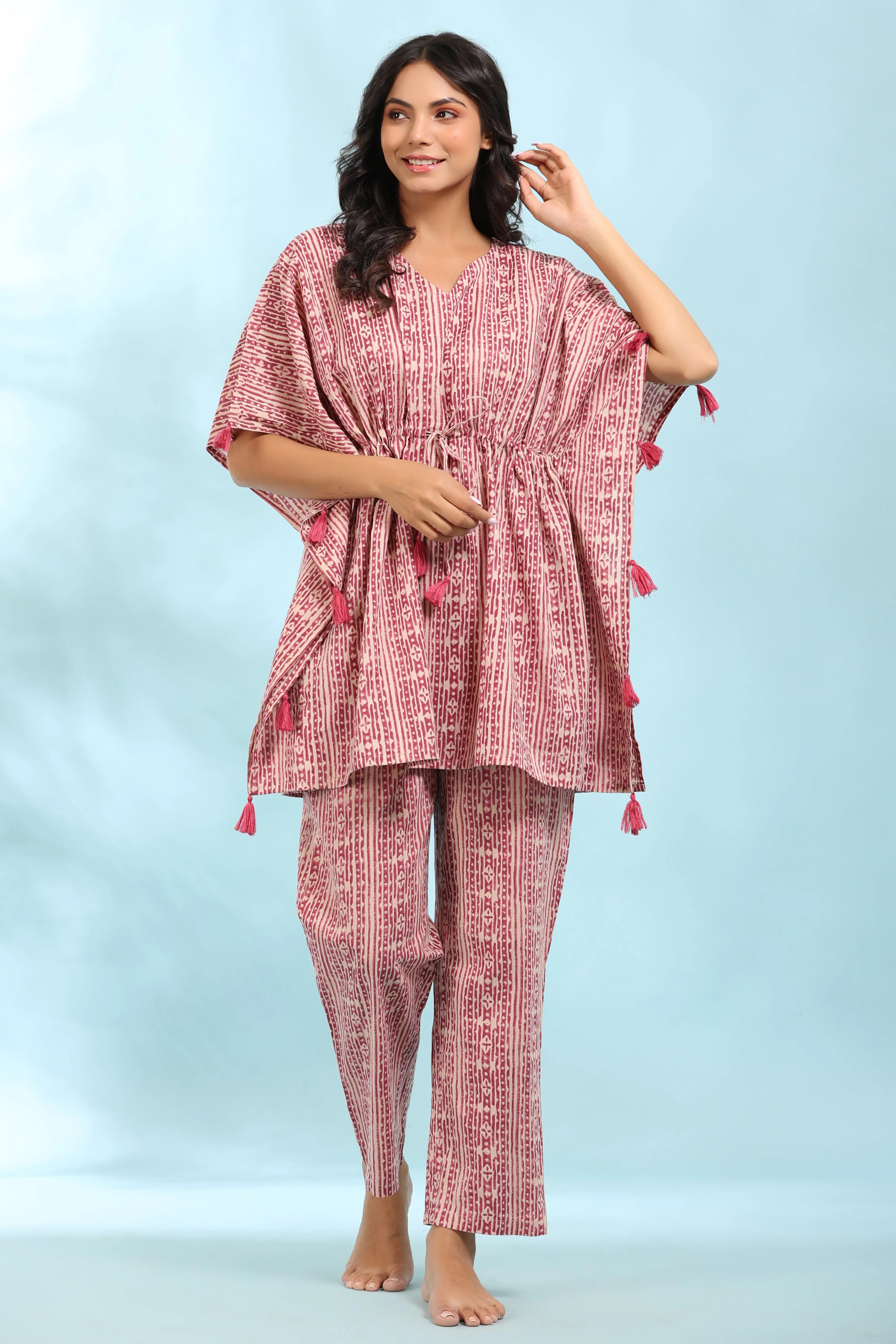 Patterned Stripes on Pink Kaftan Pyjama Set