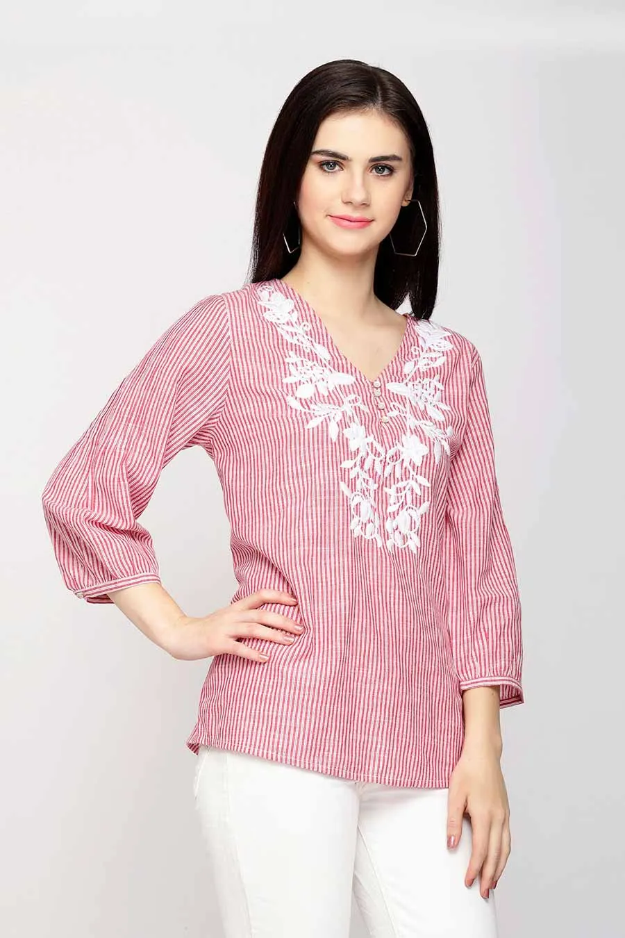 Pink Stripe Embroidered Top