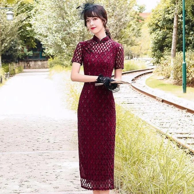 Plaids & Checks Pattern Modern Lace Cheongsam Qipao Dress