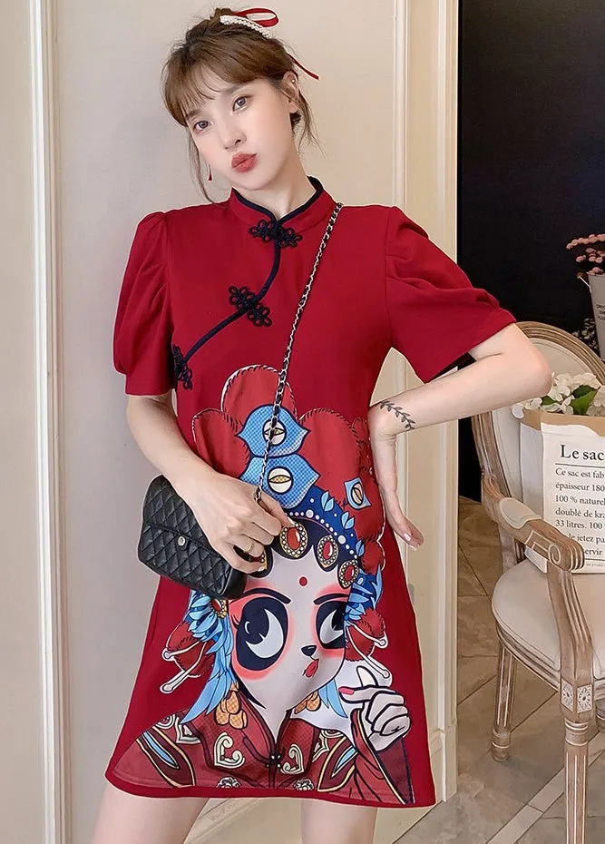 Puff Sleeve Peking Opera Pattern Plus Size Modern Cheongsam Dress