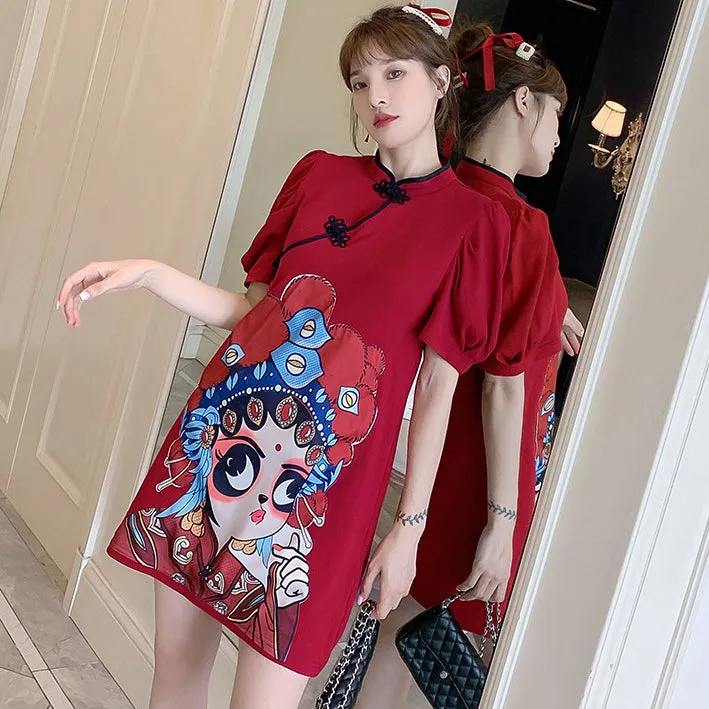 Puff Sleeve Peking Opera Pattern Plus Size Modern Cheongsam Dress