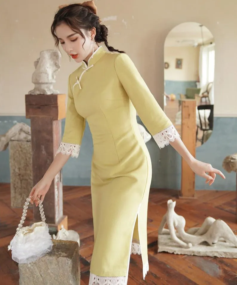 Signature Cotton Modern Cheongsam Knee Length Chinese Dress with Lace Edge